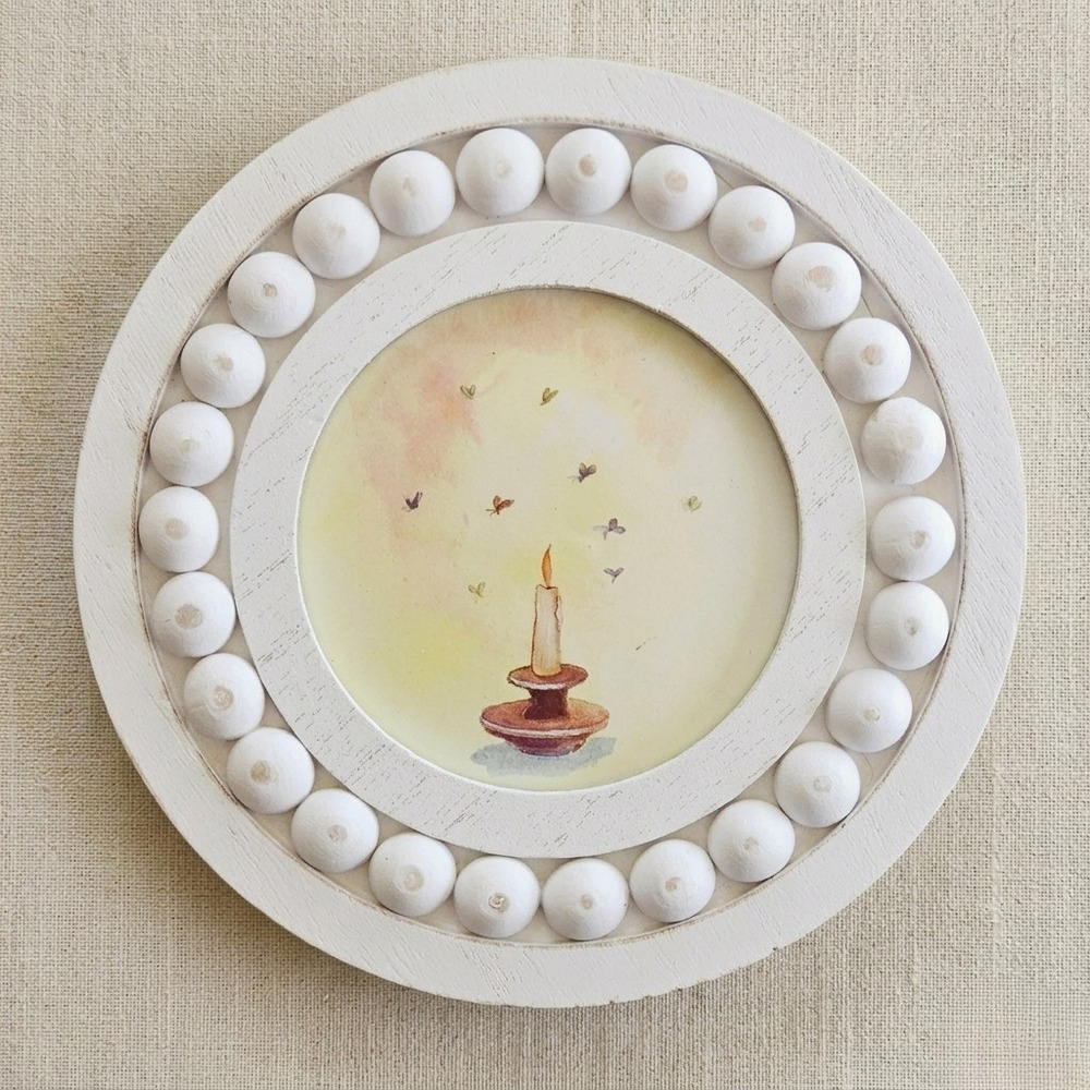 Vintage 1990s Maryjo Koch Candle & Butterfly Mini Print in White Round Frame
